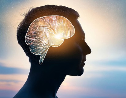 A creative representation of a human head silhouette incorporating an illuminated brain. The image