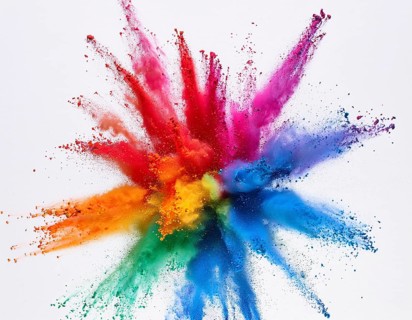 A colorful explosion powder on white background.. Multicolored powder explosion, AI generated