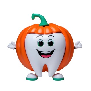 A cartoon tooth character dressed as a pumpkin with a friendly smile and open arms. AI generated