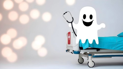 Playful ghost cartoon with a stethoscope sits on a hospital bed with blue sheets. AI generated