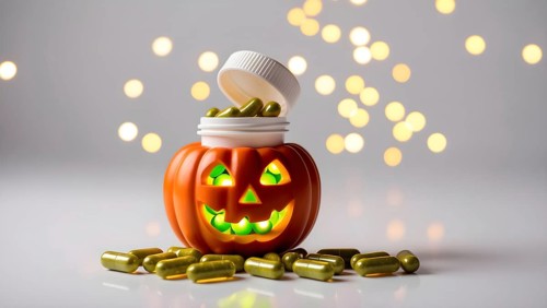 A jack o lantern shaped bottle glows softly, revealing green phyto vitamin pills inside. The warm