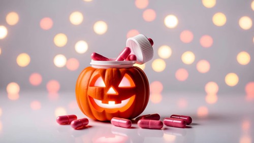 A jack o lantern shaped bottle sits on a smooth surface, overflowing with pink pills. Soft, warm