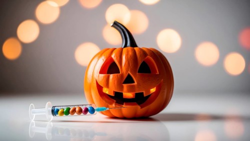 A carved jack o lantern displays a spooky grin, with a syringe filled with colorful candies resting