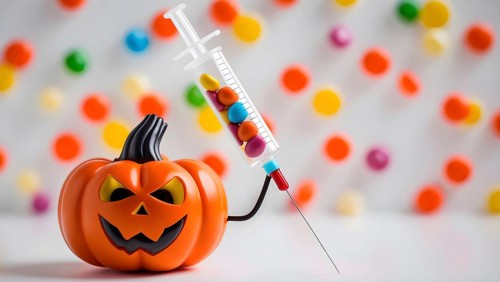 A jack o lantern with a mischievous grin is holding a syringe filled with vibrant candy pills. The