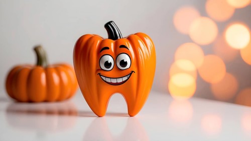 A smiling cartoon tooth with pumpkin features against a blurry light background, evoking a festive