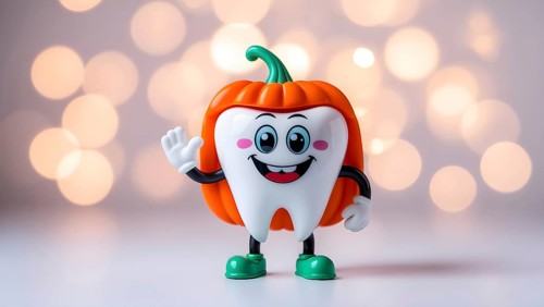 A white cartoon tooth character with a smiley face, arms, and legs, dressed as an orange pumpkin,