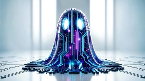 A futuristic ghost with a glowing circuit pattern on a circuit board in a white room. AI generated