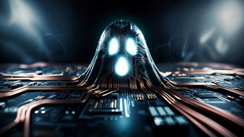 A blue-glowing circuit ghost with bright eyes on a computer hardware against a dark background. AI