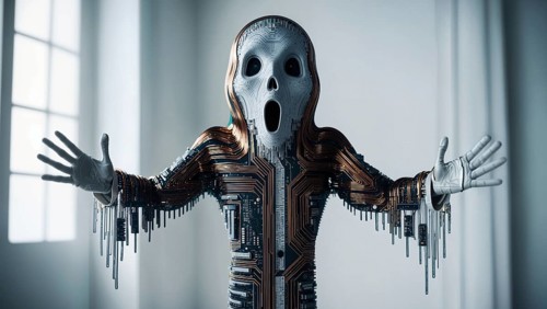 Humanoid ghost with a circuit design and outstretched arms in a light setting. AI generated