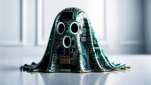 A circuit-patterned ghost with large eyes on a bright white background. AI generated
