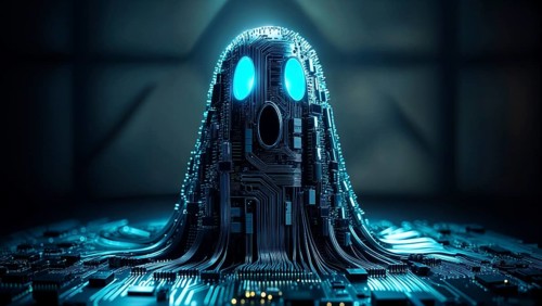 A glowing blue ghost with a circuit-like appearance on a hardware circuit board against dark