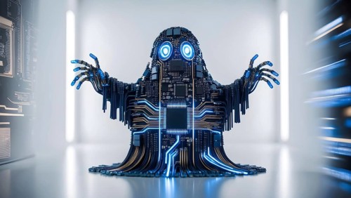 A cyber ghost made of circuit board materials stands in a modern server room. Its glowing blue