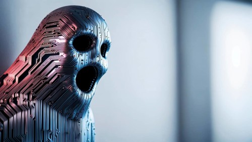A cyber ghost man, ghostly figure with hollow eyes and mouth, made of circuit patterns stands