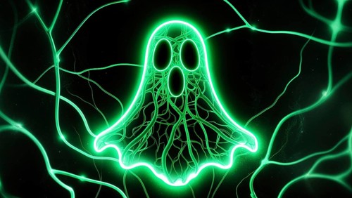 A glowing neon green ghost surrounded by connecting wires against a dark background, creating an
