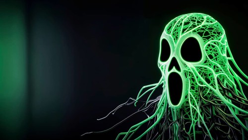 Ghost figure made of black and neon green wires against dark background with space for text. AI