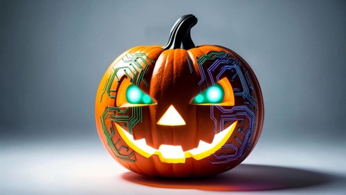 A glowing jack-o-lantern with a circuit design on its surface. AI generated