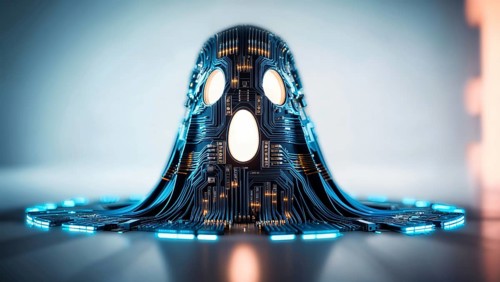 A circuit patterned ghost glowing in blue on a light background. AI generated
