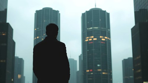Man silhouette with modern cityscape art print, symbolizing reflection, ambition, and journeys