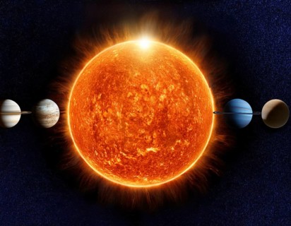 A solar system concept image displaying planets aligned in orbit, symbolizing astronomy, cosmic