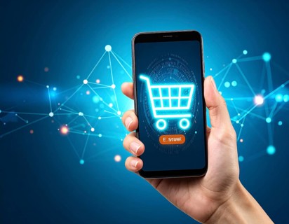 Hand holding smartphone glowing shopping cart icon poster symbolizing online shopping, e-commerce,