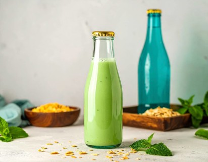 Green smoothie in glass jar with straw and fruits, symbolizing health, wellness, nutrition, and