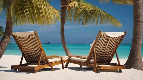 Pair of beach chairs seaside art print, holiday concept poster symbolizing companionship,