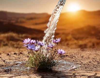 Symbolizing hope and resilience, a flower thrives in a dry desert landscape, nourished by water