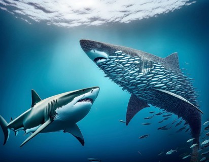 Dramatic underwater depiction of a shark observing a dense school of fish in clear, light-filled