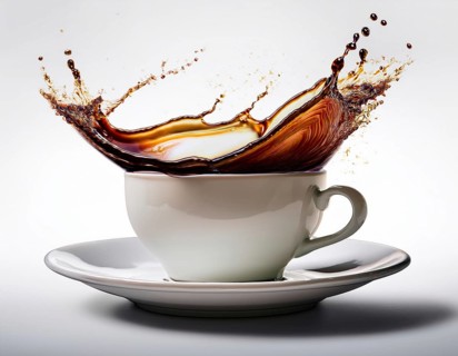 A visually dynamic splash of coffee leaping out of a sleek white cup, embodying energy and motion