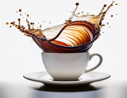 A visually dynamic splash of coffee leaping out of a sleek white cup, embodying energy and motion
