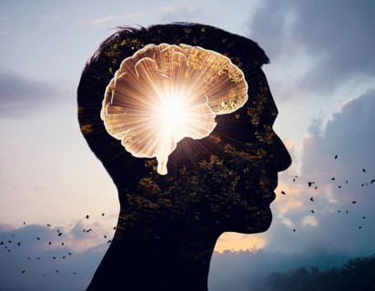 A creative representation of a human head silhouette incorporating an illuminated brain. The image