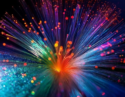 Glowing fiber-optic lights in vivid colors, creating a futuristic and dynamic visual effect, ideal