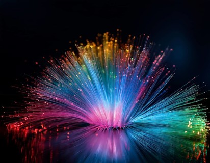 Glowing fiber-optic lights in vivid colors, creating a futuristic and dynamic visual effect, ideal