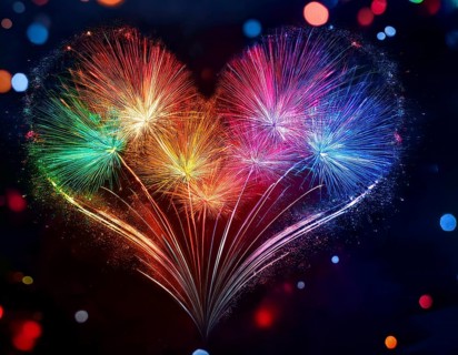 Colorful artistic display featuring vibrant light patterns shaped like a heart, expressing love and