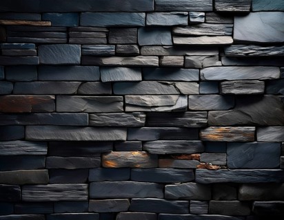 Rugged dark stone bricks arranged in a detailed pattern, showcasing texture and subtle highlights,