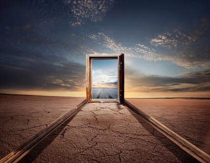 Glowing door is a portal to another world. Mysterious door with glowing light, AI generated