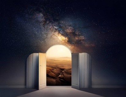 Glowing door is a portal to another world. Mysterious door with glowing light, AI generated