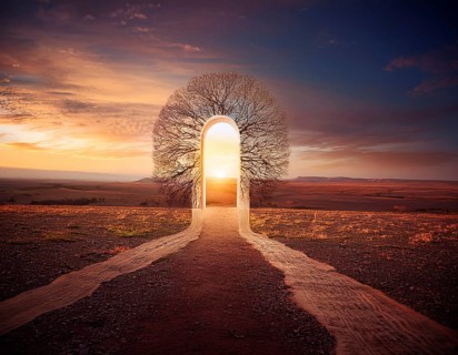 Glowing door is a portal to another world. Mysterious door with glowing light, AI generated