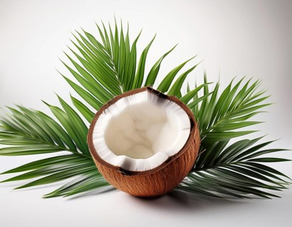 A whole coconut paired with a halved one, displayed on vivid green palm leaves against a white