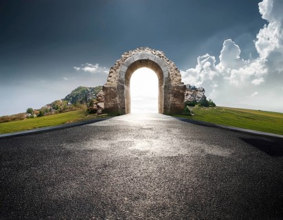 Glowing door is a portal to another world. Mysterious door with glowing light, AI generated