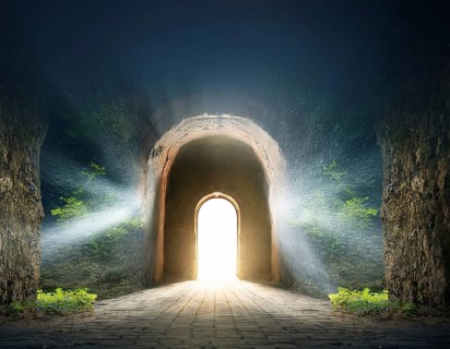 Glowing door is a portal to another world. Mysterious door with glowing light, AI generated