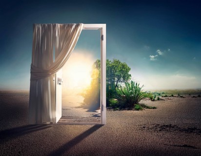 Glowing door is a portal to another world. Mysterious door with glowing light, AI generated