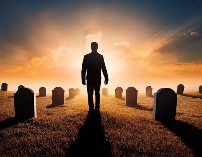 A silhouette of a lone figure walking off a gravestone, The scene evokes Resurrection thoughts