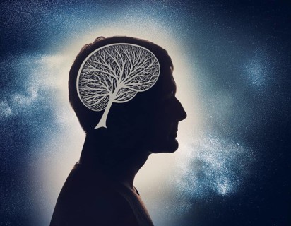A creative representation of a human head silhouette incorporating an illuminated brain. The image