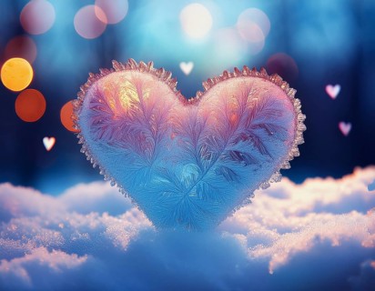 A frosted heart-shaped opening on a window with glowing bokeh lights and snowy patterns, evoking