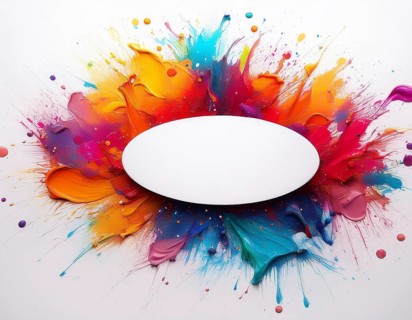 Vibrant watercolor splash in rainbow hues framing a oval white blank circle, perfect for creative
