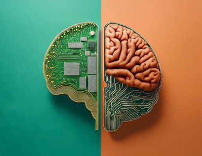 A vibrant depiction of artificial intelligence brain featuring integrated circuit designs,