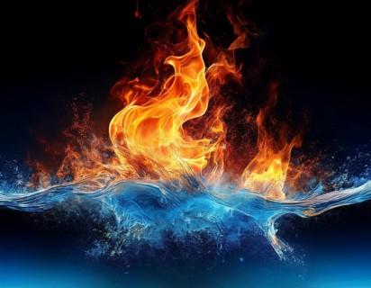 Fiery Flames and Splashing Water Collision on Black Background, AI generated