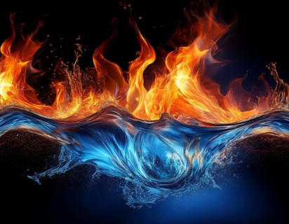 Fiery Flames and Splashing Water Collision on Black Background, AI generated