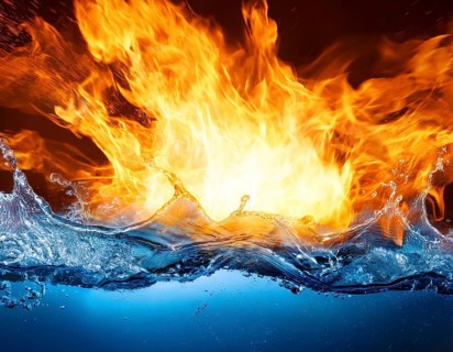 Fiery Flames and Splashing Water Collision on Black Background, AI generated